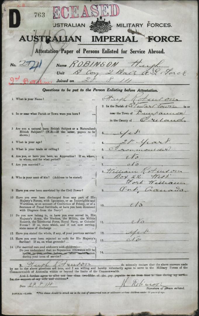 Hugh Robinson's Australian Imperial Army attestation papers