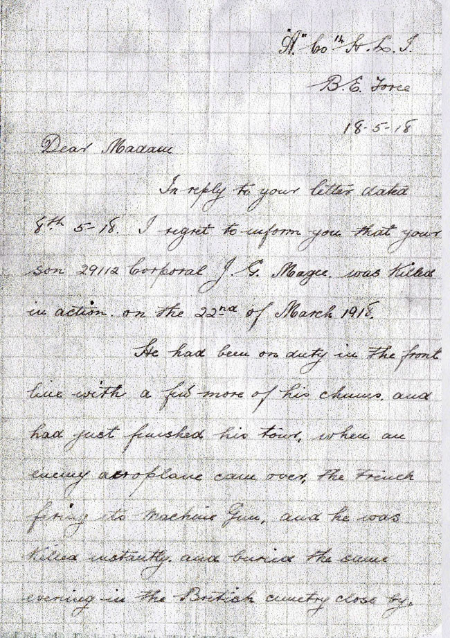 Letter about John Gilmour Magee - page 1