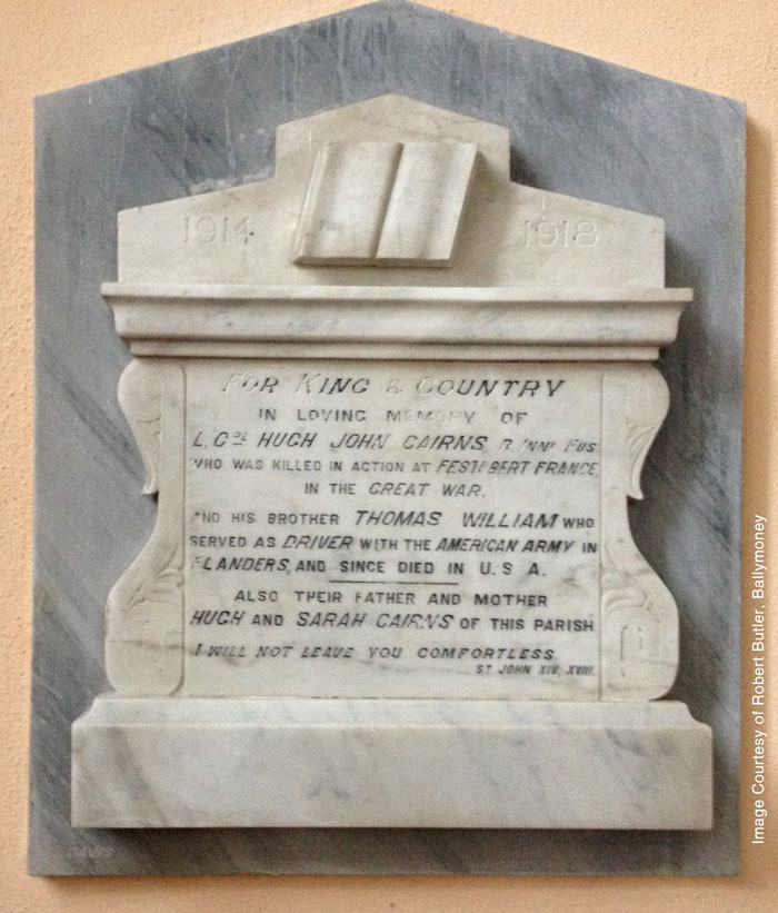 Hugh John Cairns Memorial Tablet in Brackaville Parish Church. Photo courtesy of Robert Butler