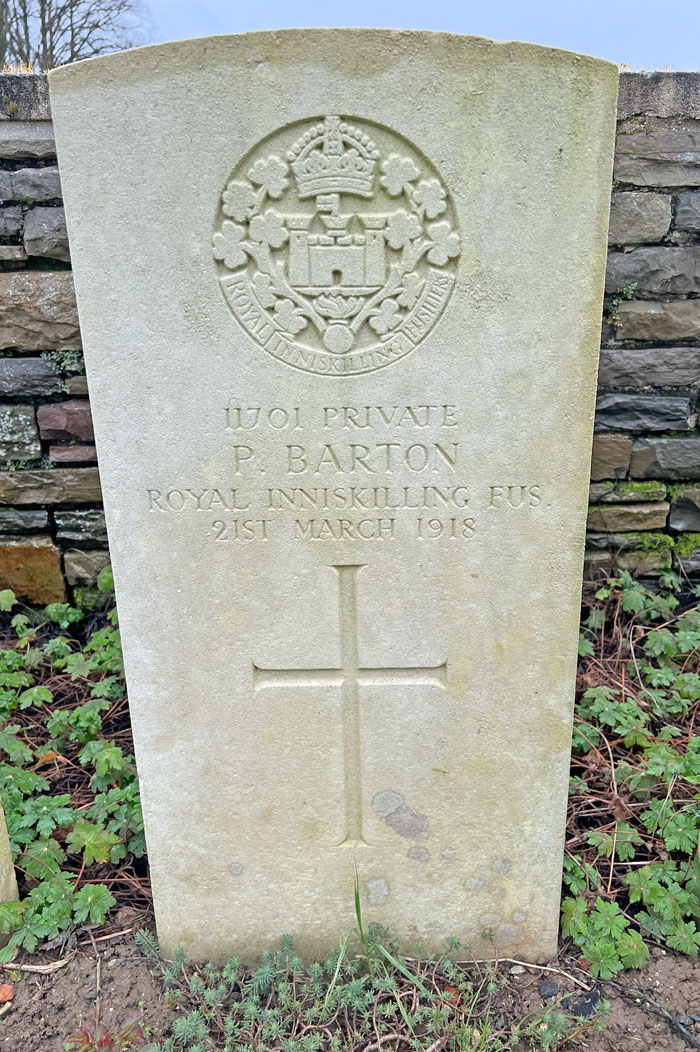Private Patrick Barton is buried in Grand-Seracourt British Cemetery